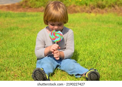 Emotions Of A Child. Portrait Of A Little Positive Boy With A Big Candy On A Stick. Multi-colored Lolipop In The Hands Of A Child. Summer Day, Sincere Joy, Holiday, Day Off, Walk With Parents, Grandmo