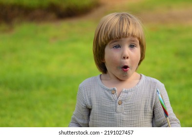 Emotions Of A Child. Portrait Of A Little Positive Boy With A Big Candy On A Stick. Multi-colored Lolipop In The Hands Of A Child. Summer Day, Sincere Joy, Holiday, Day Off, Walk With Parents, Grandmo