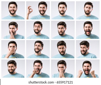 Emotions Faces Set Of Handsome Bearded Guy
