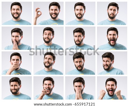 Emotions faces set of handsome bearded guy