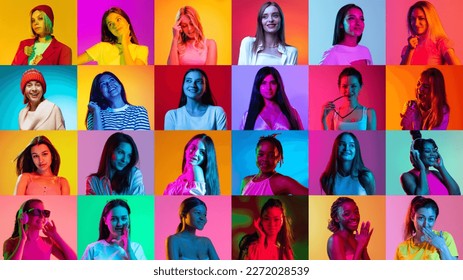 Emotions and facial expressions. Collage of ethnically diverse young women expressing different emotions over multicolored background in neon light. Concept of happiness, beauty, motivation and ad. - Powered by Shutterstock