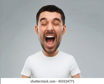 emotions, stress, madness and people concept - crazy shouting man in white t-shirt over gray background (funny cartoon style character with big head) - Shutterstock ID 455524771