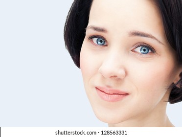 Emotions,eyes Full Of Tears, A Young Woman Face Portrait Tears Of Happiness Calm Smile Space White Face Tenderness Kindness Blue