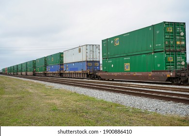 EMP Shipping Containers On Florida East Coast Railway Cars Near It's Yard In New Smyrna Beach, Florida On Saturday, January 23rd 2021.