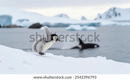 Emperor penguin chick is flapping its wings playful with A breaching endangered orca in the Salish Sea