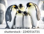 Emperor penguin family snuggled up against each other and warmed their babies