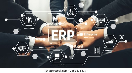 Emphasizing teamwork and collaboration, this image showcases hands joining over various ERP icons, representing effective business management and innovative solutions. Amity