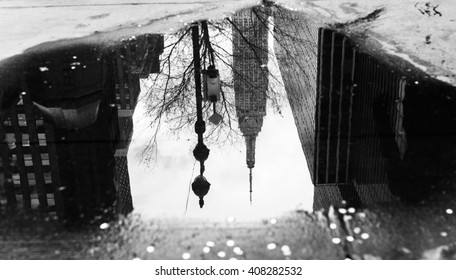 Empire State Building photographed in a puddle.