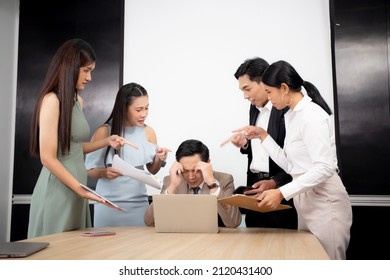 Employee Angry And Bullying Boss While Stress And Pressure At The Office, Team Businesspeople Upset With Manager During Meeting Conference In Corporate, Conflict And Failure, Business Concept.