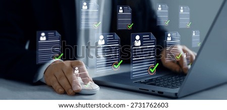  Employee approval process management.Digital documents with check marks verified staff records and online HR management.