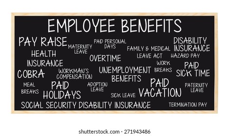 Employee Benefits Blackboard: Pay Raise, COBRA, Health Insurance, Paid Breaks,  Vacation / Holidays, Sick Leave, Paternity Leave, Unemployment, Disability, Social Security Insurance, Breaks,