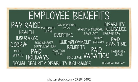 Employee Benefits Chalkboard: Pay Raise, COBRA, Health Insurance, Paid Breaks,  Vacation / Holidays, Sick Leave, Paternity Leave, Unemployment, Disability, Social Security Insurance, Breaks,