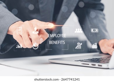 Employee Benefits and Compensation Strategy Concept. Employee benefits options on digital interface. Icons various benefits such as healthcare, insurance, travel, awards, and financial perks.
