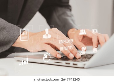 Employee Benefits and Compensation Strategy Concept. Employee benefits options on digital interface. Icons various benefits such as healthcare, insurance, travel, awards, and financial perks.