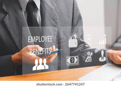 Employee Benefits and Compensation Strategy Concept. Employee benefits options on digital interface. Icons various benefits such as healthcare, insurance, travel, awards, and financial perks.