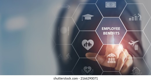 Employee benefits concept. Indirect and non-cash compensation paid to employees offered to attract and retain employees. Fringe benefits for employee engagement. Insurance, paid vacation, office perks - Shutterstock ID 2166290071