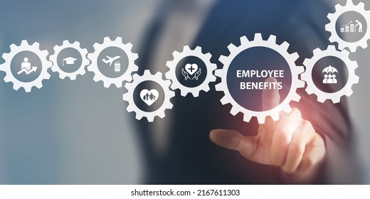 Employee benefits concept. Indirect and non-cash compensation paid to employees offered to attract and retain employees. Fringe benefits for employee engagement. Insurance, paid vacation, office perks - Shutterstock ID 2167611303