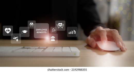 Employee Benefits Concept. Indirect And Non-cash Compensation Paid To Employees Offered To Attract And Retain Employees. Fringe Benefits For Employee Engagement. Insurance, Paid Vacation, Office Perks