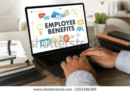Employee Benefits Concept Man working on the computer Benefits and bonus support: insurance, health investment benefit, recruitment, or salary