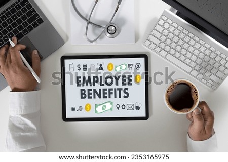Employee Benefits Concept Man working on the computer Benefits and bonus support: insurance, health investment benefit, recruitment, or salary