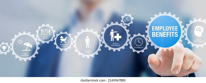 Employee benefits HR concept. Perks and compensation package such as health insurance, pension plans, paid vacation, parental leave. Human resources and reward management. - Shutterstock ID 2145967885