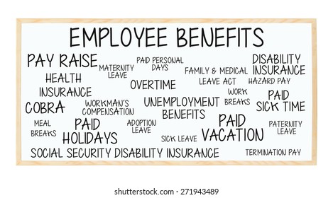 Employee Benefits Whiteboard: Pay Raise, COBRA, Health Insurance, Paid Breaks,  Vacation / Holidays, Sick Leave, Paternity Leave, Unemployment, Disability, Social Security Insurance, Breaks,