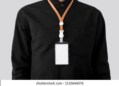 Employee With Blank Id Card Badge Holder For Mockup Template Logo Branding Background.