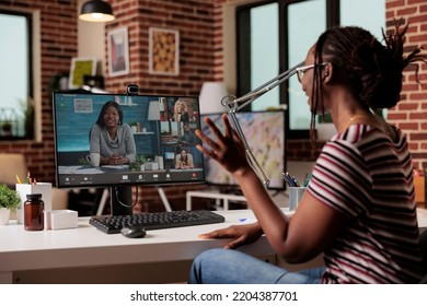 Employee Chatting With Remote Team On Video Call, Freelancer Working From Home, Attending Videoconference. Woman Talking On Virtual Meeting, Telework, Online Brainstorming, Teamwork Concept