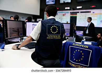 An Employee Checks The Monitors In Control Centre Of The Emergency Response Coordination Centre (ERCC) In Brussels, Belgium On Jun. 19, 2017