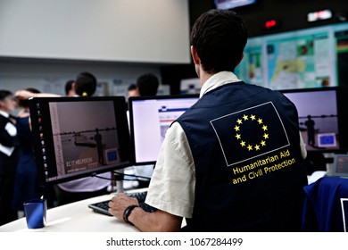 An Employee Checks The Monitors In Control Centre Of The Emergency Response Coordination Centre (ERCC) In Brussels, Belgium On Jun. 19, 2017