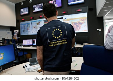 An Employee Checks The Monitors In Control Centre Of The Emergency Response Coordination Centre (ERCC) In Brussels, Belgium On Jun. 19, 2017