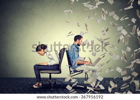 Employee compensation economy concept. Woman working on laptop sitting next to young  man under money rain. Pay difference concept. 