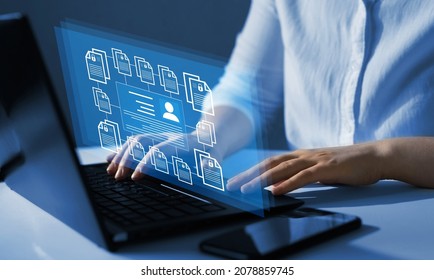 Employee confidentiality. Software for security, searching and managing corporate files and employee information.Corporate data management system and document management system with employee privacy. - Shutterstock ID 2078859745