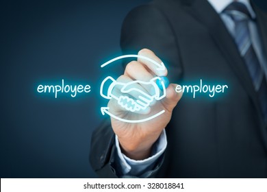 Employee And Employer Balanced Cooperation Concept. Businessman (human Resources Officer) Draw Scheme With Hand Shaking Of Employee And Employer.
