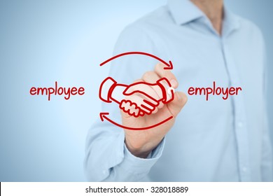 Employee And Employer Balanced Cooperation Concept. Businessman (human Resources Officer) Draw Scheme With Hand Shaking Of Employee And Employer.
