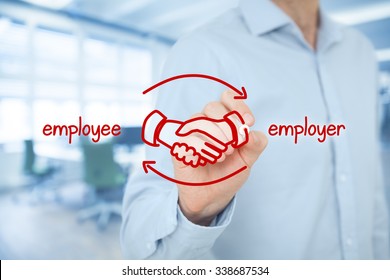 Employee And Employer Balanced Cooperation Concept. Businessman (human Resources Officer) Draw Scheme With Hand Shaking Of Employee And Employer. Wide Banner Composition With Office In Background. 