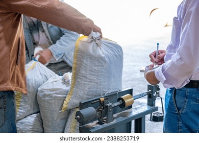 Employee and employer weighing sacks of olives using old style scale and write down the numbers with conveyor in background - Powered by Shutterstock