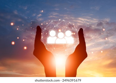 Employee Engagement Strategies. Hands hold human icons