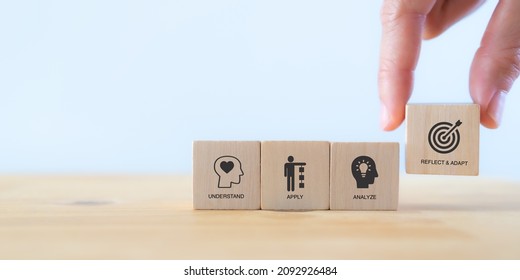 Employee essential skills concept.  Learning process to develop complex skills. Hand holds the icons of essential skills ""reflect and adapt with understand, apply, analyze  icons on white background. - Shutterstock ID 2092926484
