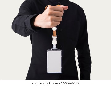 Employee Hand Showing Blank Id Name Card Badge Holder For Mockup Template Logo Branding Background.