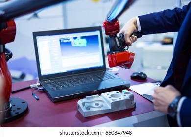 Employee Making 3D Scanning Of Machine Element.