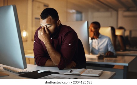 Employee, night and man with a headache, burnout and depression with a deadline, tired and mistake. Male person, employee and consultant with a migraine, working late and depression with health issue