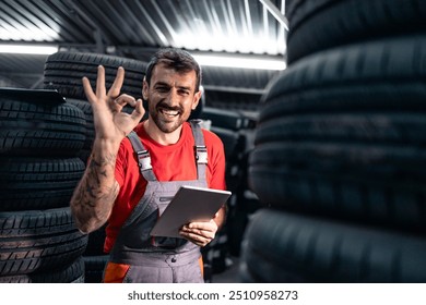 Employee organizing tire inventory in warehouse. - Powered by Shutterstock