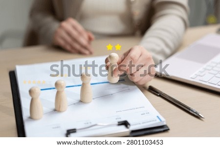 Employee performance evaluation and customer satisfaction concept with rating stars, business review metrics and team assessment. Quality management, feedback analysis and workforce development.