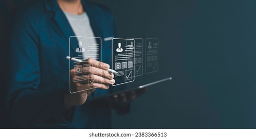 Employee selection, businessman process select the optimum resume application form, recruitment to interview and join with company. interviewing and hiring through an internet recruitment agency. - Powered by Shutterstock