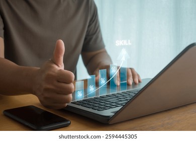 Employee up skill and personal development concept. employee pointing arrow to upskill or reskill, kill training, education, learning, ability, knowledge and competency for digital transformation.