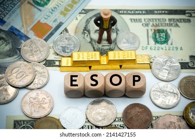 employee stock ownership plan (ESOP) gives workers ownership interest in the company.The word is written on money and gold background