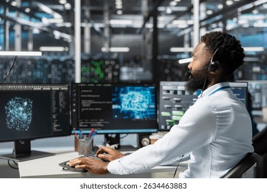 Employee talking in headset mic with technicians setting up data center equipment needed to run artificial intelligence. Server room worker in remote call with engineers installing AI tools