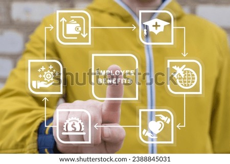 Employee using virtual touch interface presses inscription: EMPLOYEE BENEFITS. Concept of Employee Benefits and Career. Business Bonus Work Perks.