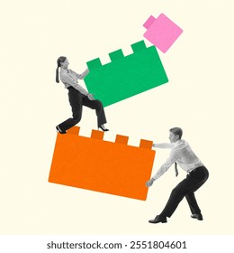 Employees, colleagues assembling colorful building blocks, symbolizing teamwork and collaboration to achieve business goals. Contemporary art collage. Concept of business, negotiation - Powered by Shutterstock